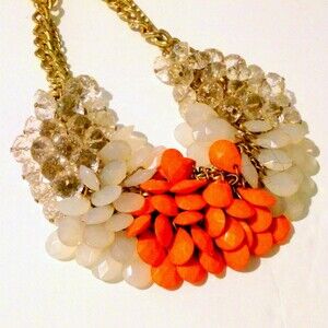 Gold Tone Chain Link Orange White Acrylic Cluster Statement Necklace